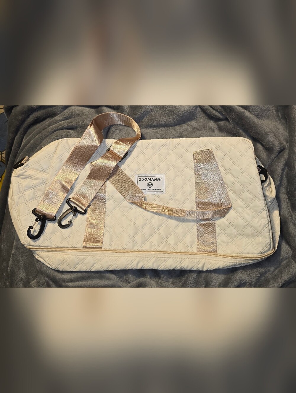 Cream Quilted Travel Bag with Gold Metallic Straps - New In Package